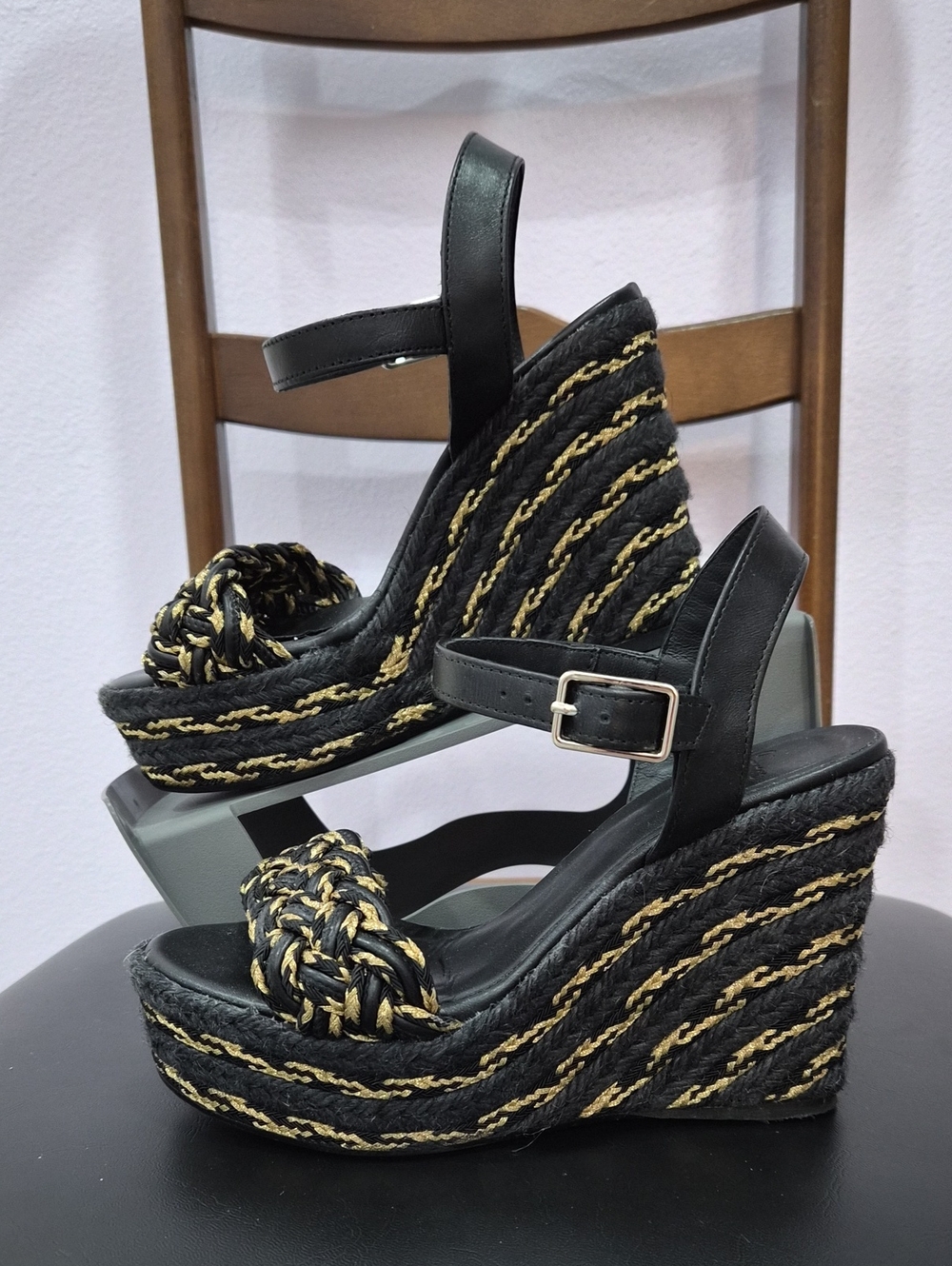 Castaner Black and Gold Woven Rope Platform Wedge Sandals